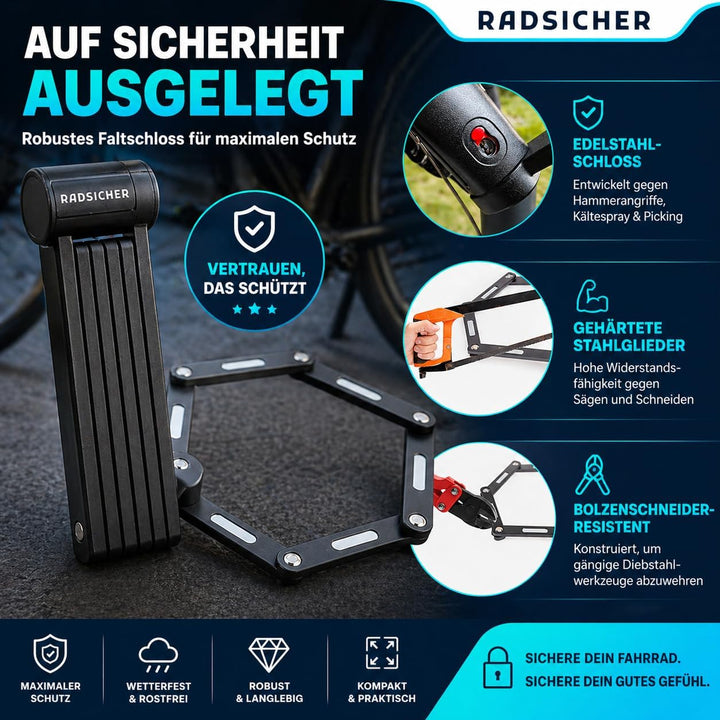 RADSICHER Faltschloss – Robustes Fahrradschloss (90 cm) | Sicherheitslevel 12 | Gehärteter Stahl, We