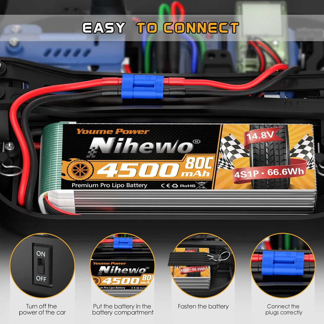2Packs 4S Lipo Akku, Nihewo RC Akku 14.8V 4500mAh 80C mit EC5 Stecker Kompatibel mit 1/6 1/8 Masssta