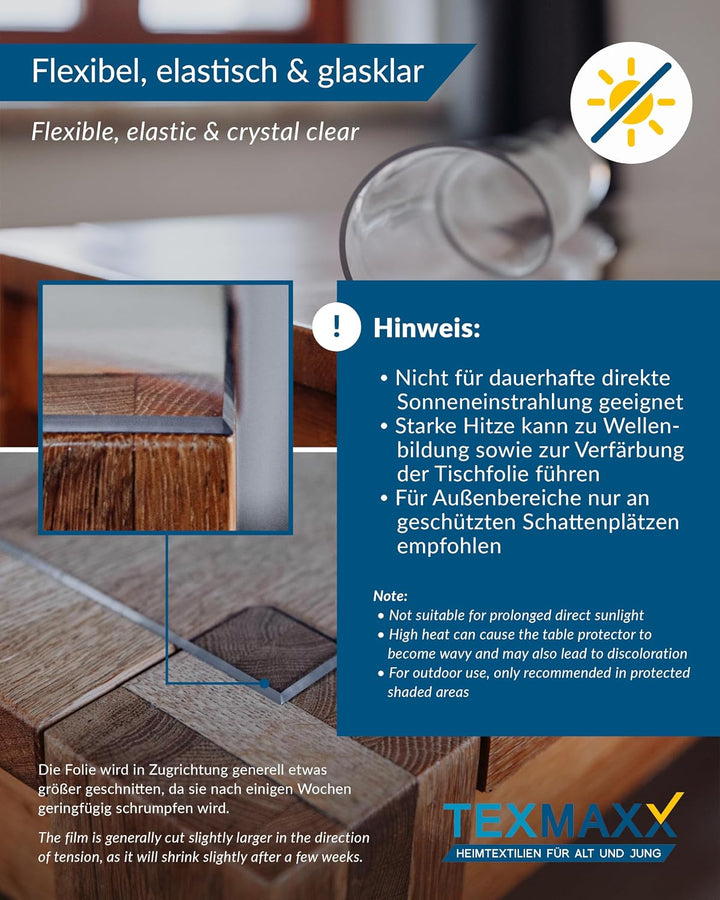TEXMAXX Tischfolie transparent 2mm mit abgeschrägter Kante - Made in Germany - Tischschutz transpare