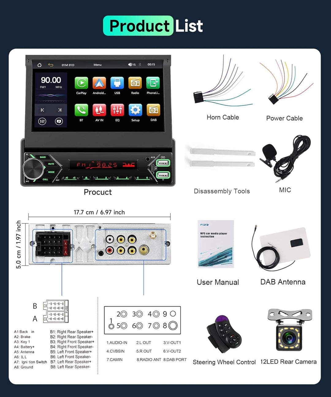 VECHTEL DAB/DAB+ Autoradio Carplay Android Auto Wireless mit 7 Zoll elektrisch einziehbarem Bildschi