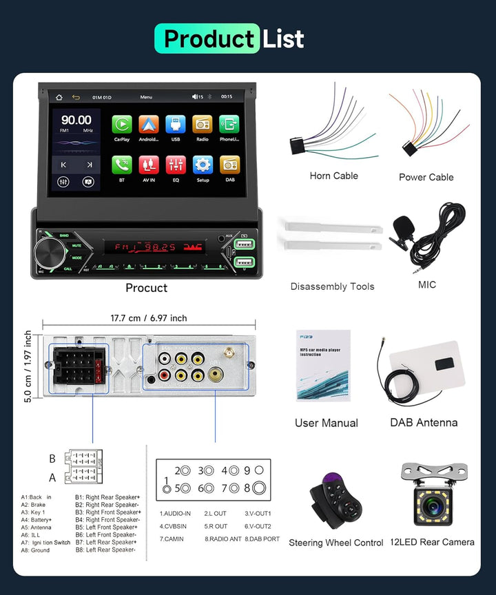 VECHTEL DAB/DAB+ Autoradio Carplay Android Auto Wireless mit 7 Zoll elektrisch einziehbarem Bildschi