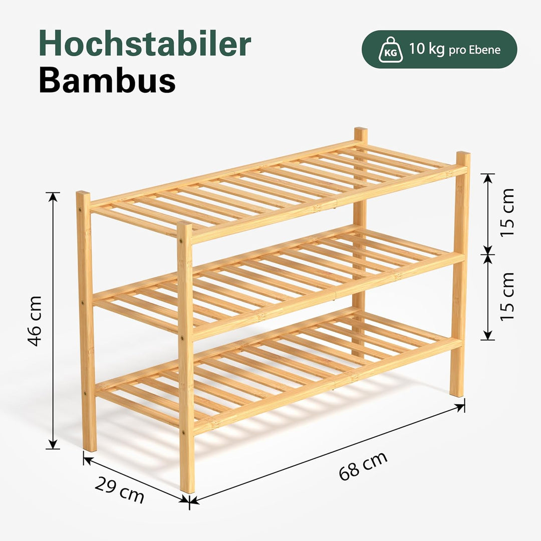 Schuhregal aus Bambus, Schuhablage mit 3 Ebenen, 68 x 28 x 46 cm, Erweiterbar Stapelbar, Schuhschran