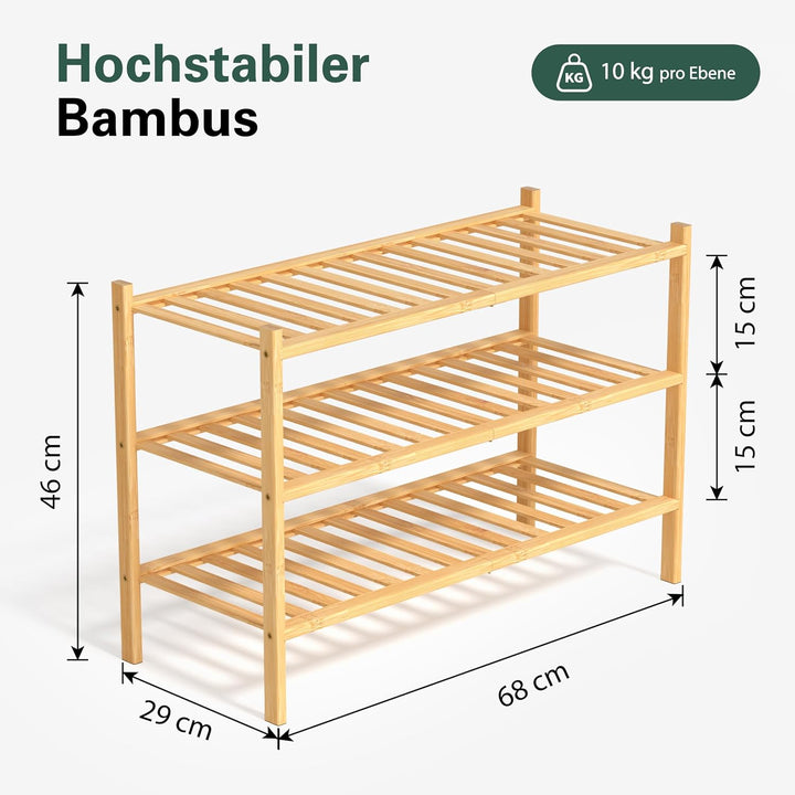 Schuhregal aus Bambus, Schuhablage mit 3 Ebenen, 68 x 28 x 46 cm, Erweiterbar Stapelbar, Schuhschran