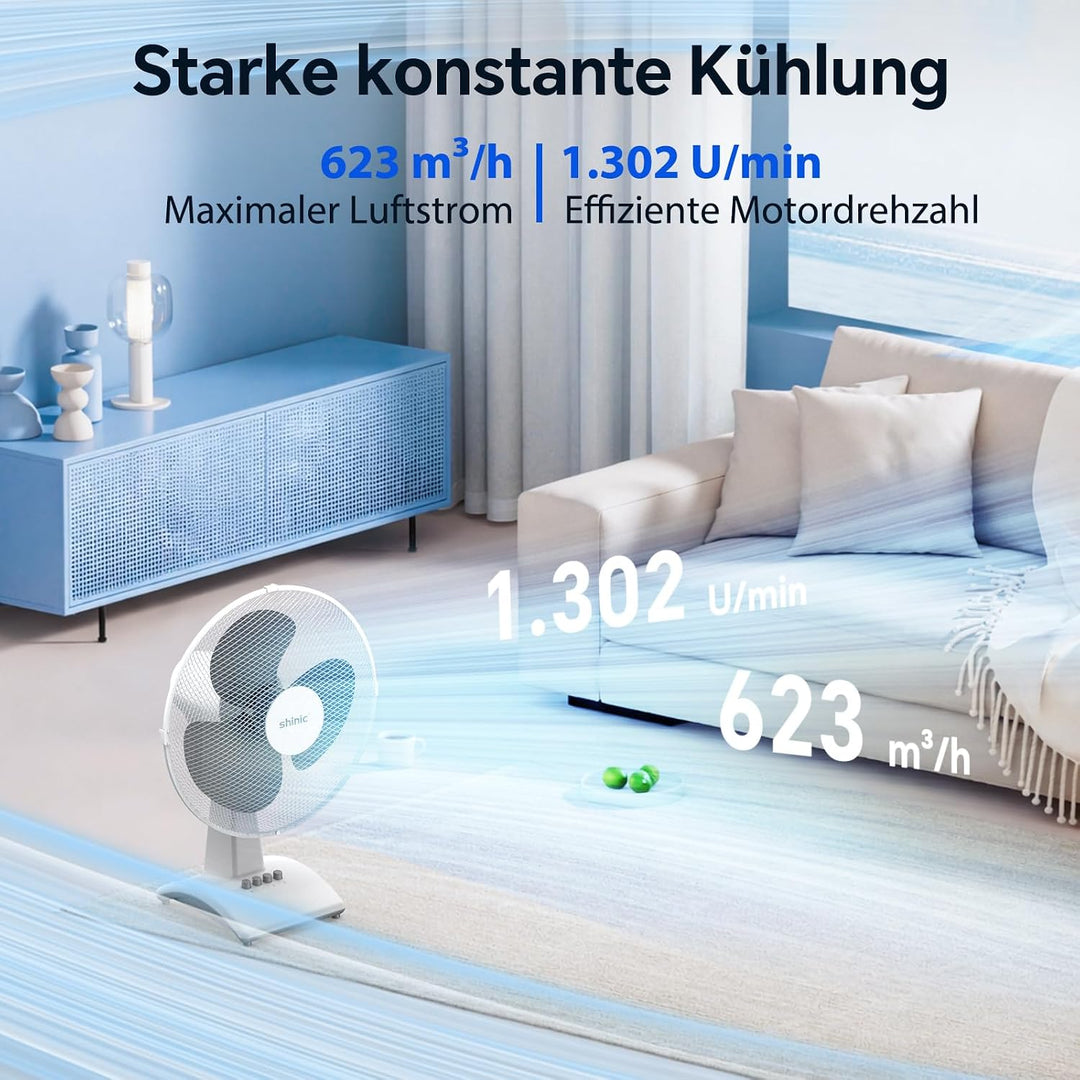 shinic Tischventilator 30 cm, 3 Geschwindigkeiten, Tischventilator sehr leise mit Oszillation, höhen