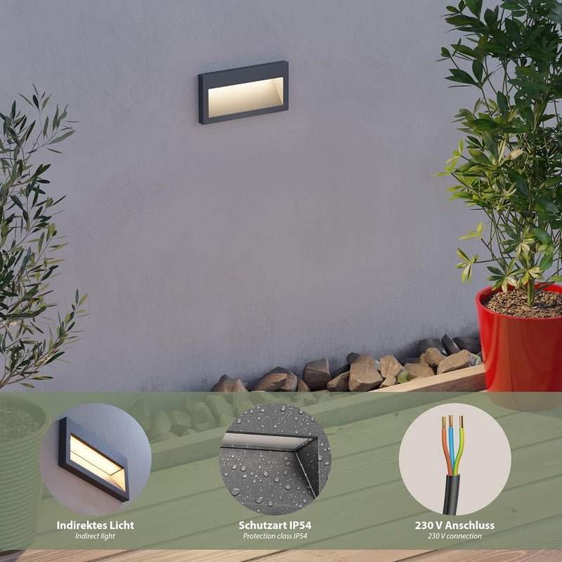 ledscom.de LED Wandleuchte NOLA, Outdoor, IP54, anthrazit matt, 140 x 70mm, warmweiss, 6 Stk. Anthra