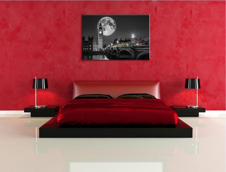 Big Ben vor dem Mond in London schwarz/weiss Format: 100x70 auf Leinwand, XXL riesige Bilder fertig