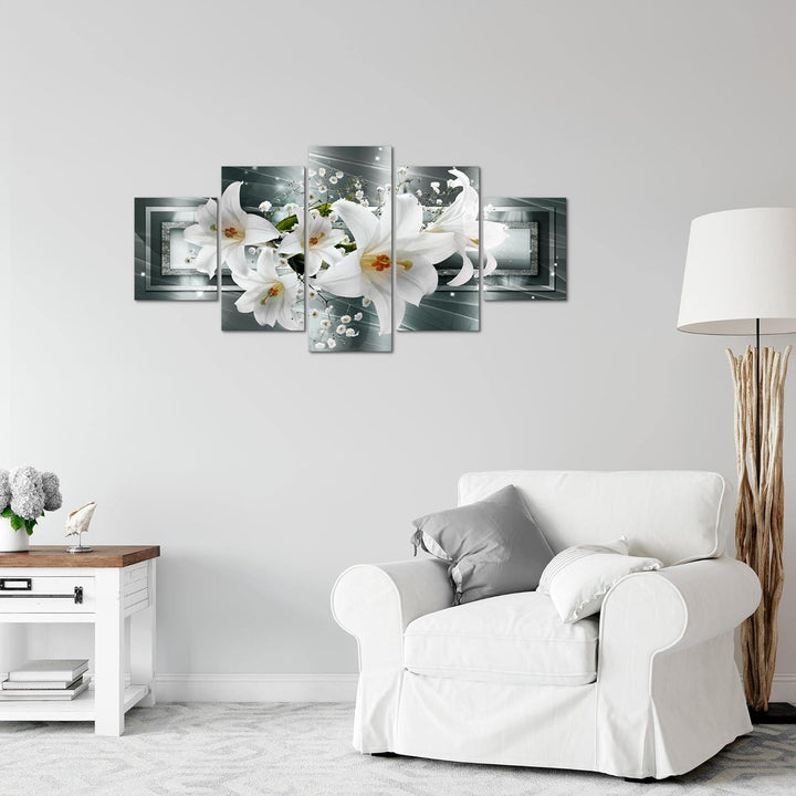 Runa Art Wandbilder Blumen Lilien 5 Teilig Bild auf Vlies Leinwand Deko Wohnzimmer Abstrakt Grau Grü