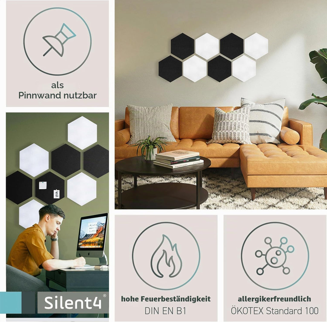SILENT4® Schallabsorber Wand Set HEXAGON, 8 Elemente aus Akustikvlies, Klebemontage, Akustikbild Sch