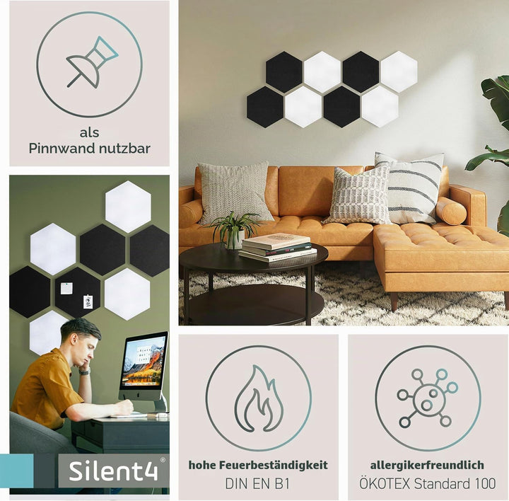 SILENT4® Schallabsorber Wand Set HEXAGON, 8 Elemente aus Akustikvlies, Klebemontage, Akustikbild Sch