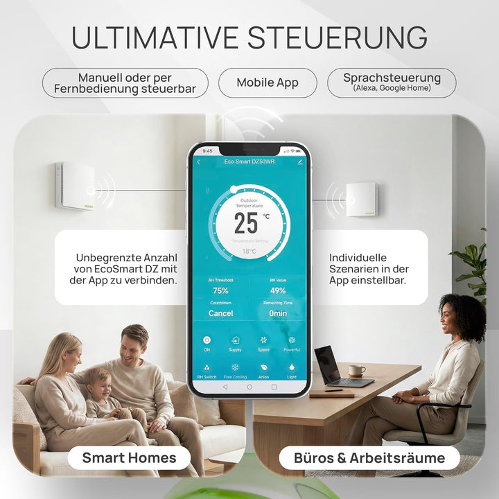 Eco Smart DZ Wohnraumlüftung – Luftfeuchte-gesteuert, 97% Wärmerückgewinnung, WLAN, F7-Filter, Ø160m