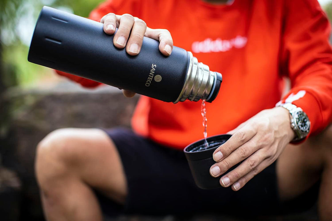 SANTECO Thermosflasche Edelstahl - 500ml, 1l - Thermoskanne mit Trinkbecher für unterwegs, Thermobec