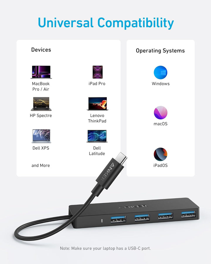 Anker USB-C Hub, 4 Port USB 3.0 Datenhub mit 5 Gbit/s Datenübertragung, 60cm Erweiterungskabel (ohne