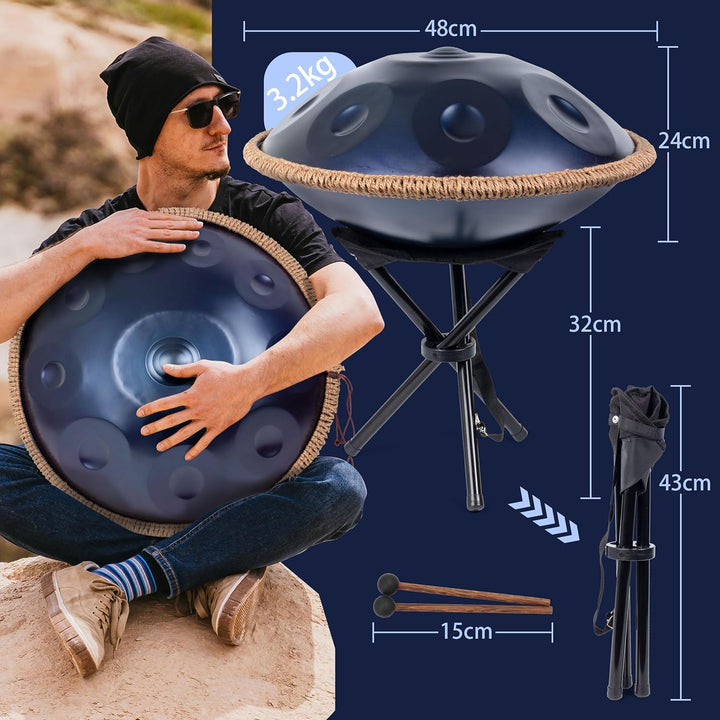 Handpan 432 HZ für Anfänger, Stahltrommel 10 Töne 19 Zoll, Hand Pan in D-Moll, Hand Drum mit Drumtas