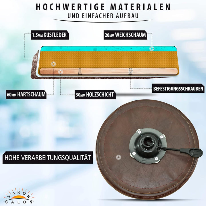 VAKON SALON - Premium Rollhocker braun höhenverstellbar von 50 bis 65 cm - Rundsitz- Drehhocker Arbe