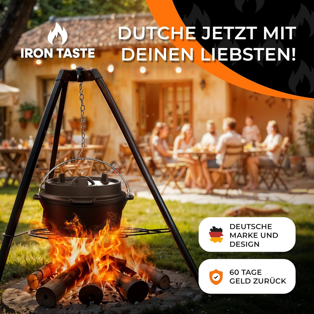 IRON TASTE Dutch Oven Set 12L - Eingebrannter Dutch Oven 12 Liter - Feuertopf Gusseiserner Topf mit