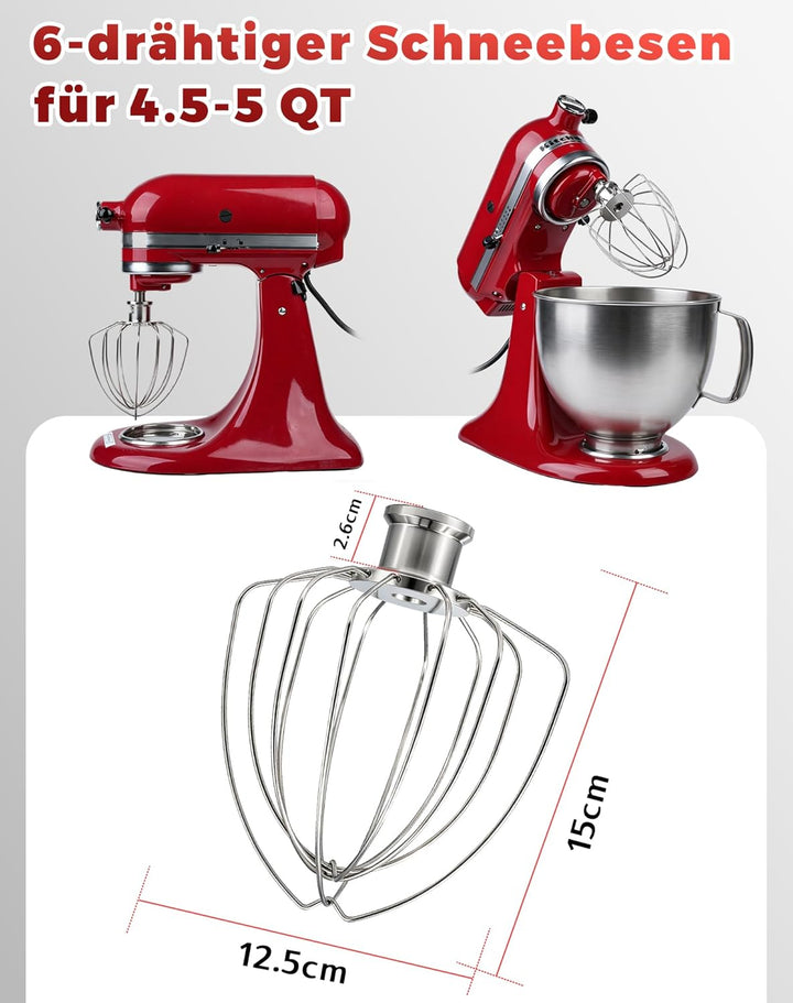 6-Draht Schneebesen für KitchenAid 4.5-5QT Kippkopf-Mixer – Edelstahl Ersatz für K45WW, K45, KSM75,