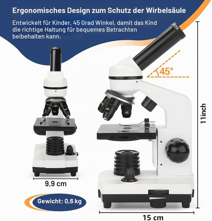 Mikroskop für Kinder Erwachsene 100X-1000X mit Objektträger Set, Dual-LED-Beleuchtung,Professionelle