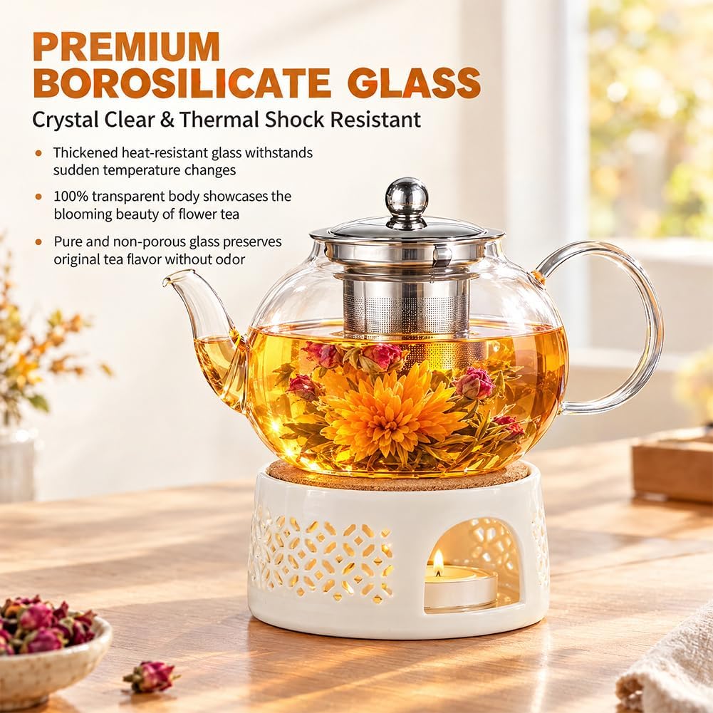 Glas Teekanne mit Stövchen Set, 1000ml Glasteekanne mit Infuser