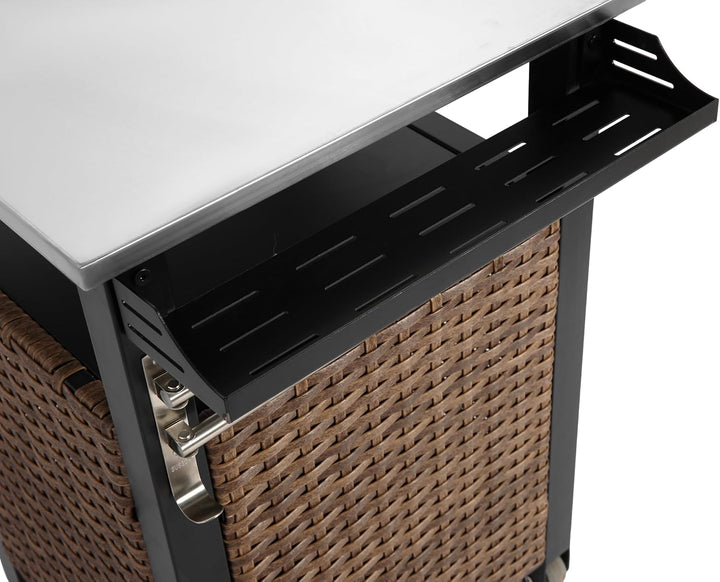 Rollbarer Rattan-Servierwagen mit ausziehbarer Edelstahl-Tischplatte, Kücheninsel für Outdoor mit Sc