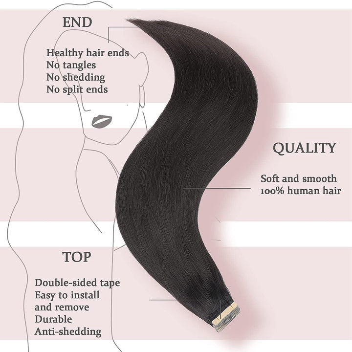 HotLulana Tape Extensions Echthaar 40stück 100g Haar Extension Natur Schwarz Remy 100% Natürliche In