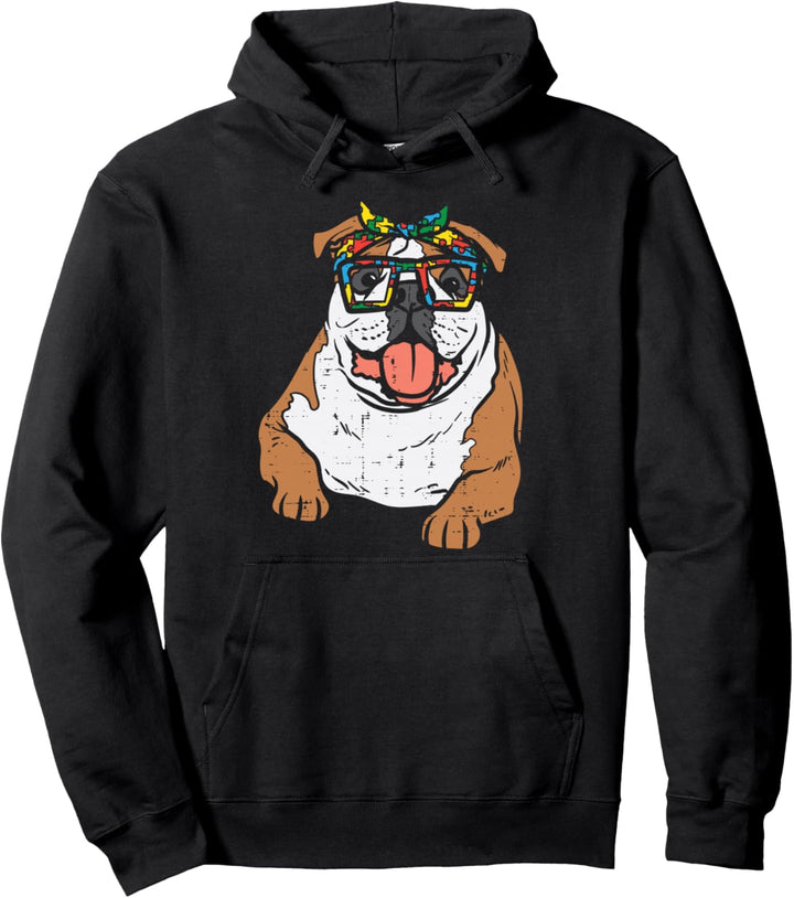English Bulldog Puzzle Bandana Glasses Autism Awareness Dog Pullover Hoodie