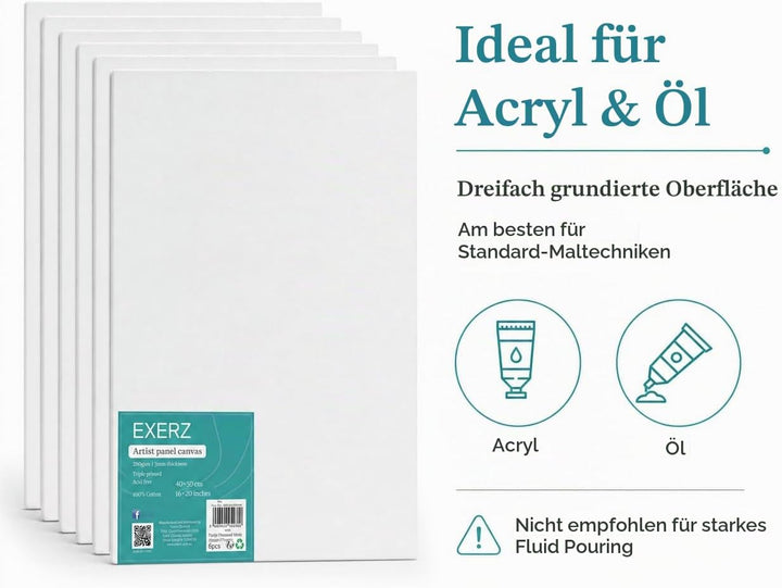 EXERZ 40x50cm Malkarton/Leinwand-Panele 6 Stück 0.3cm dick/Kunstleinwandtafel / 280GSM/ Vorgespannt