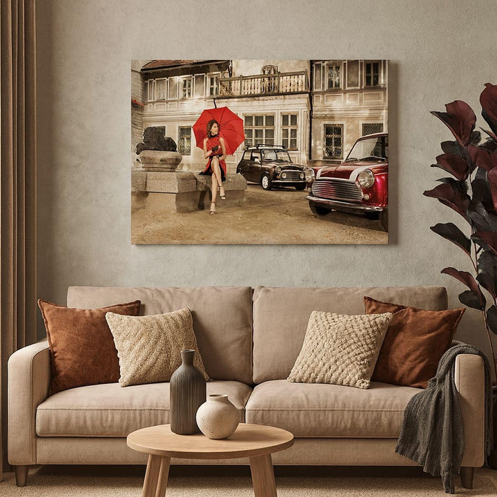Bilder auf Leinwand 100x70cm Leinwandbild Attraktiv Frau Spaziergang Regenschirm Gross Wanddeko Bild