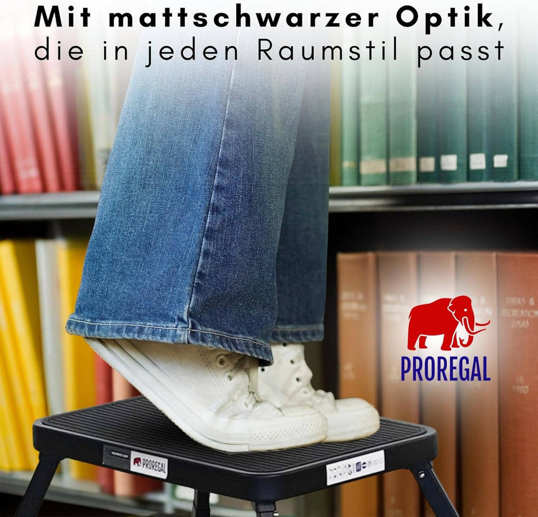 PROREGAL Tritthocker klappbar, XXL Trittfläche 38x26cm Anti-rutsch, bis 150kg, 1,8kg leicht, schwarz