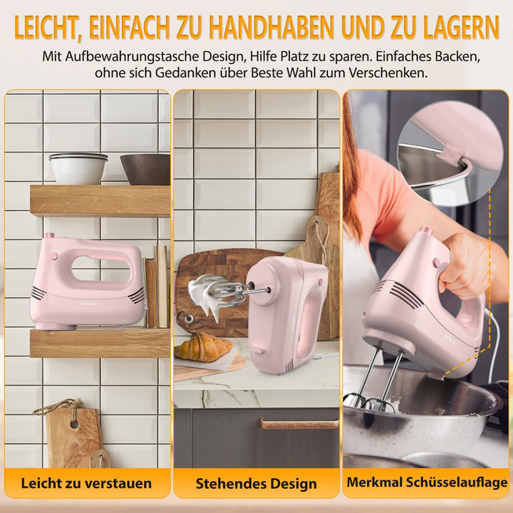 Elektrischer Handmixer mit Edelstahl Schneebesen, Knethaken, Elektrische Handrührer,Turbo Boost /5 G