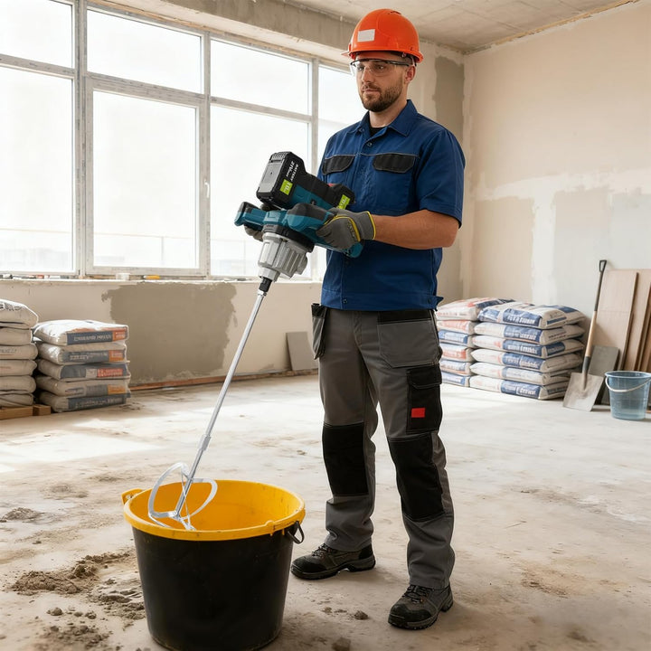 Rührwerk 1200W Mörtelrührer mit Akku 6 Gang-Getriebe Elektrischer Betonmischer für Zement Beschichtu