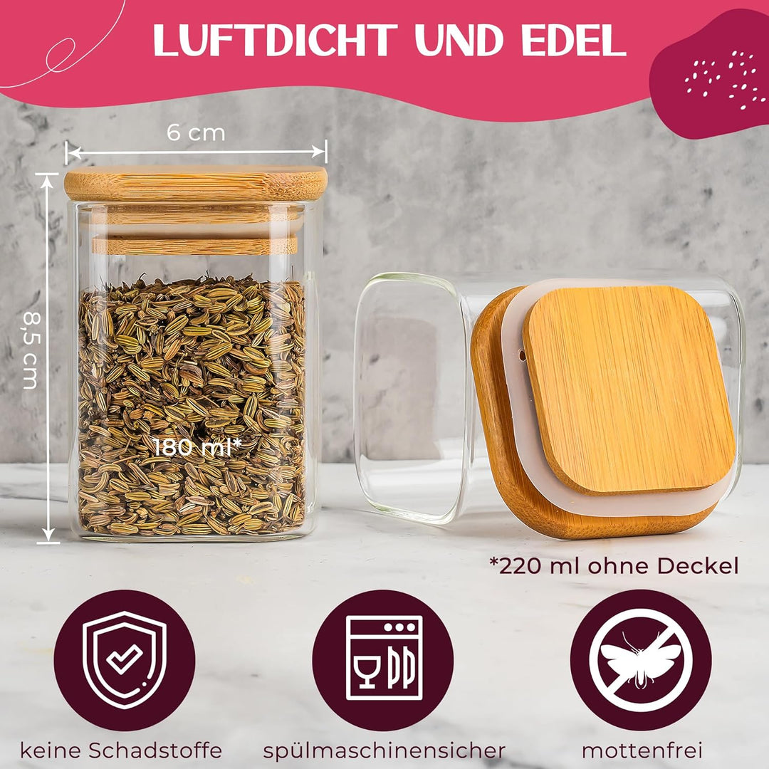 Happy Lemuro Gewürzgläser Eckig | 12er Set | Glas Vorratsdosen 180 ml, 279 Gewürzetiketten, Stift, H