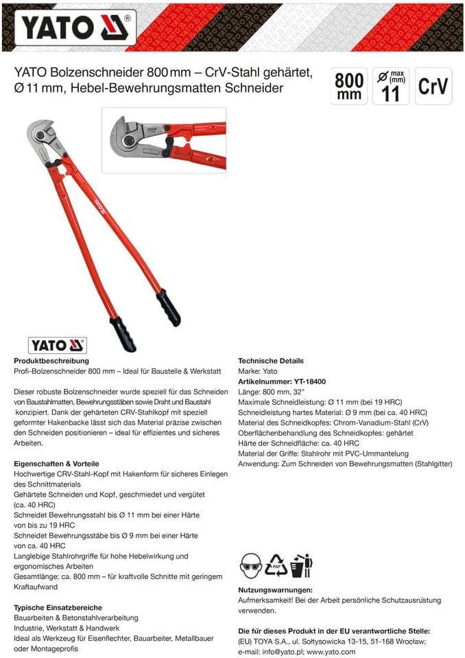YATO Bolzenschneider 800mm – CrV‑Stahl gehärtet, Ø11mm, Hebel‑Bewehrungsmatten Schneider