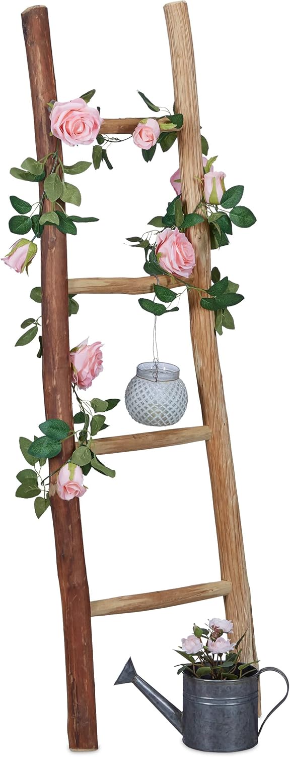 Relaxdays Dekoleiter, 116 cm hoch, Holzleiter Garten, 4 Sprossen, Kastanie, Handarbeit, Handtuch- &