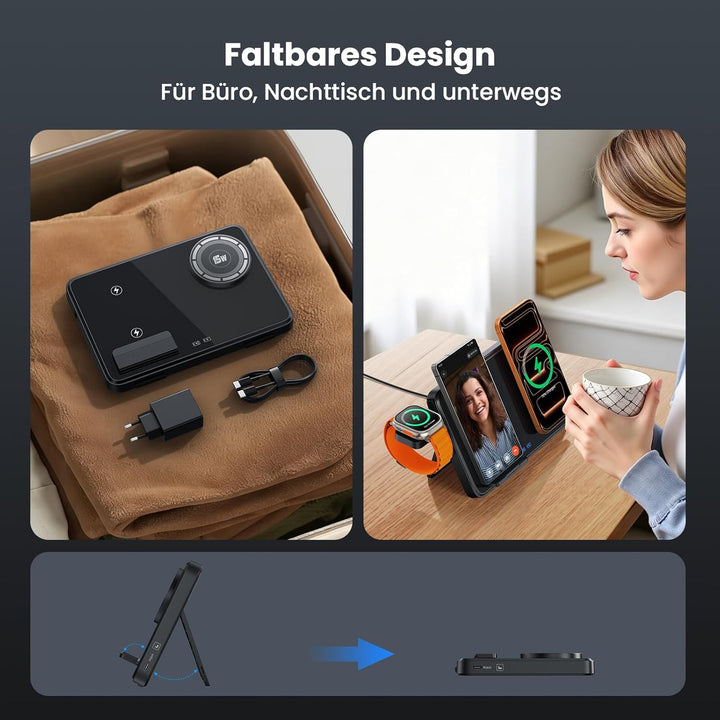 Dual Induktive Ladestation für iPhone & Samsung – Faltbarer 4-in-1 Wireless Charger mit Nachtlicht f