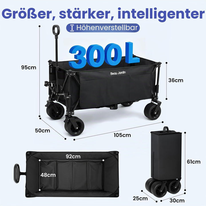BEAU JARDIN XXL Bollerwagen Faltbar 300L 200KG Verlängerter Faltwagen mit Extra Breite 17x10 cm All-