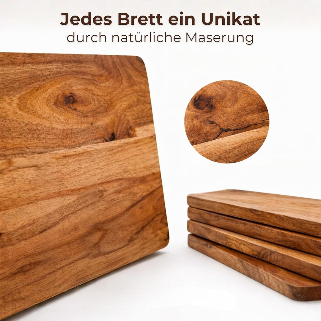 Frühstücksbrettchen Holz Set (5er) aus Akazie mit Ständer – kleine Schneidebretter 26×16 cm für Küch