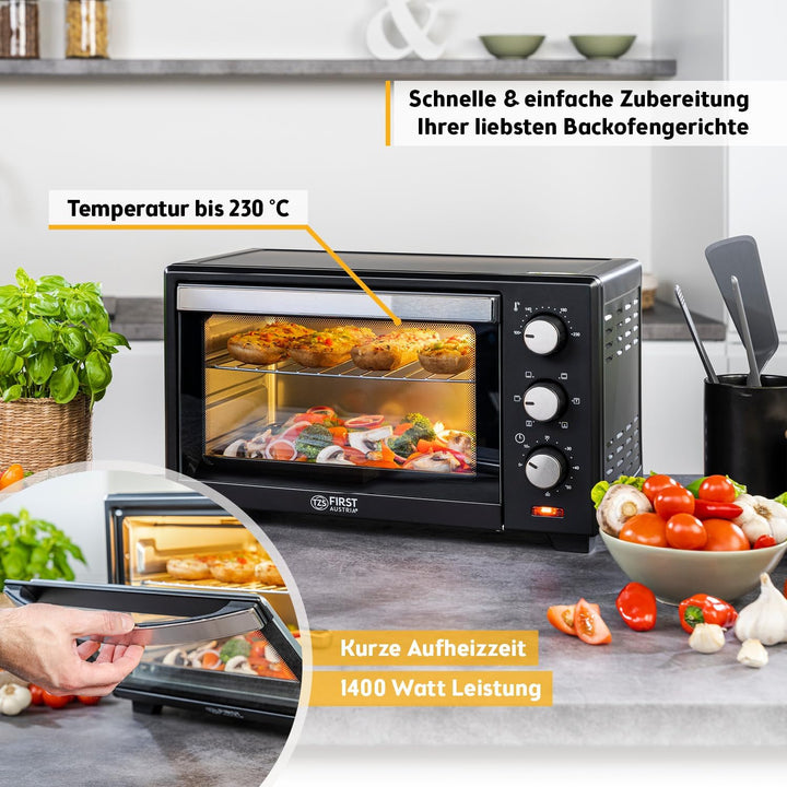 TZS First Austria - 19 Liter Minibackofen mit 1380 Watt schwarz| Unter-Oberhitze bis 230 Grad stufen