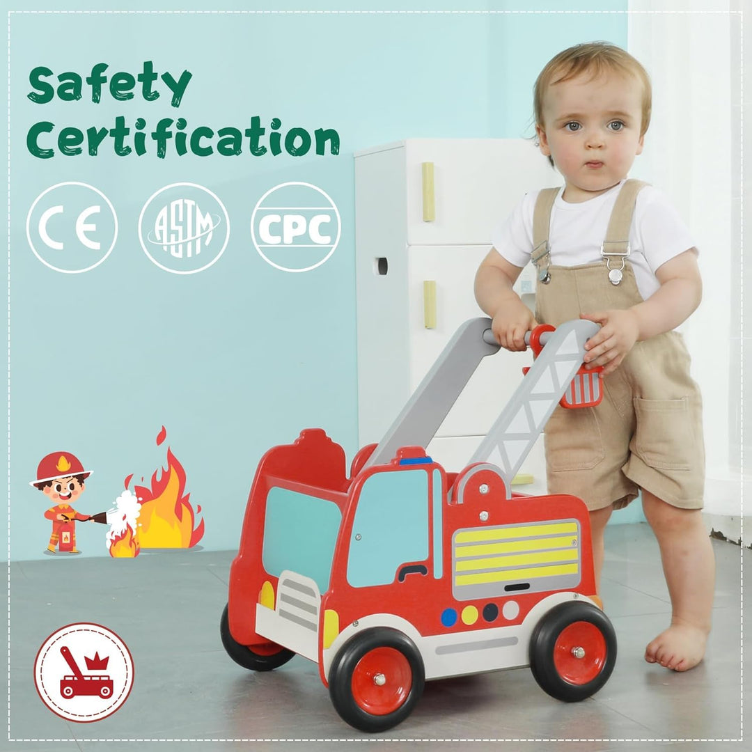 labebe Rot Feuerwehrauto Lauflernwagen Holz Baby Push Pull Lauflernhilfe Spielzeug mit Rädern für Ju