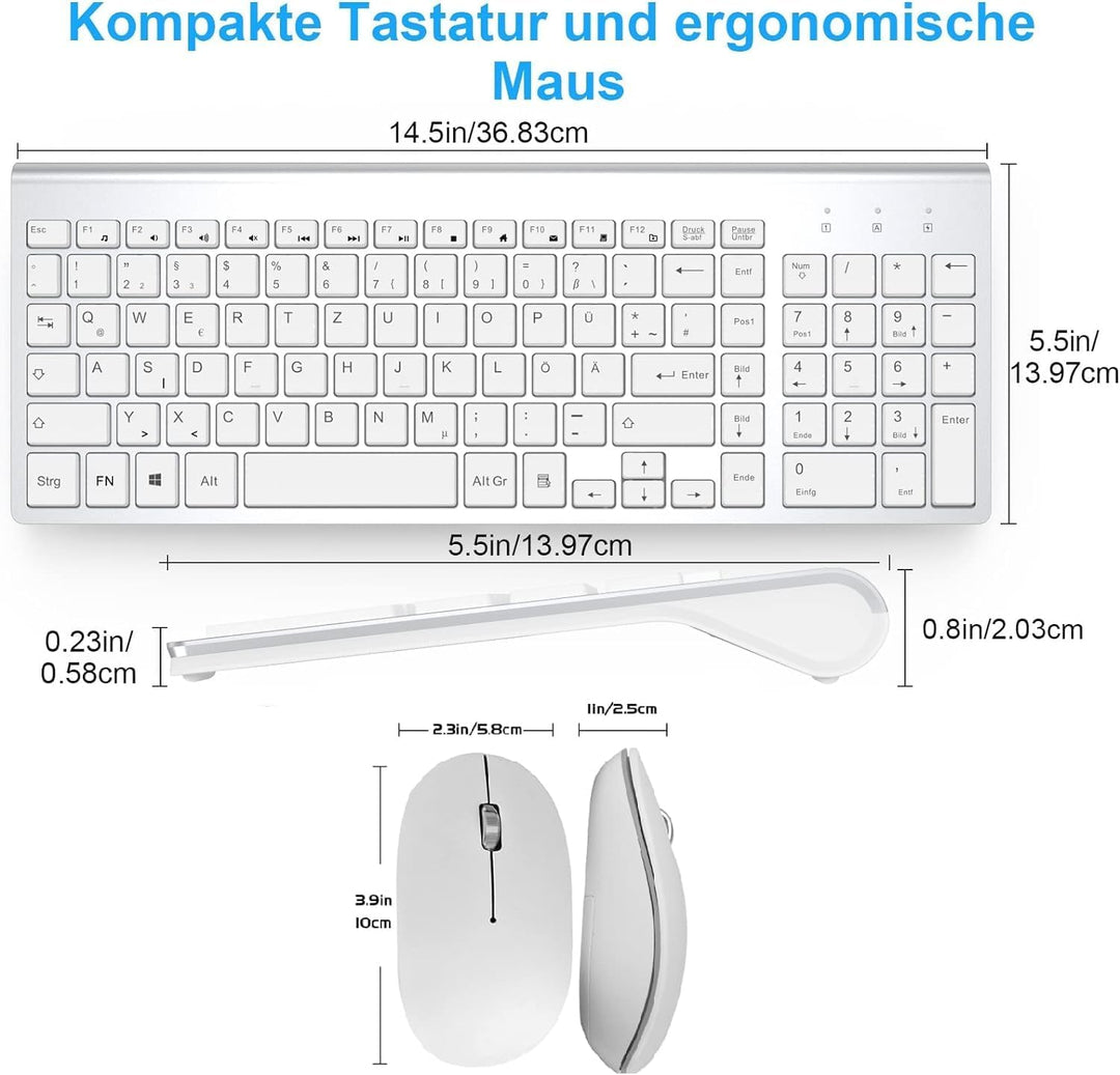 Tastatur Maus Set Kabellos - QWERTZ (Deutsch) USB Funktastatur mit Maus Ergonomisch Tastatur für Com