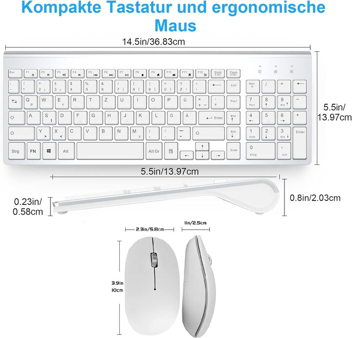 Tastatur Maus Set Kabellos - QWERTZ (Deutsch) USB Funktastatur mit Maus Ergonomisch Tastatur für Com