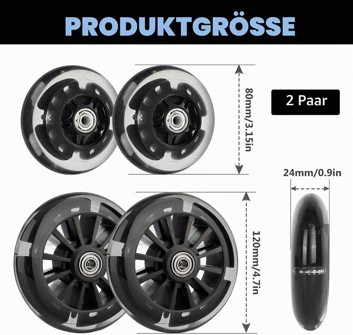 Leuchtende Scooter Räder, 2 Paar Led Scooter Rollen Räder, 80mm,120mm Scooter Ersatzräder, Stunt Sco