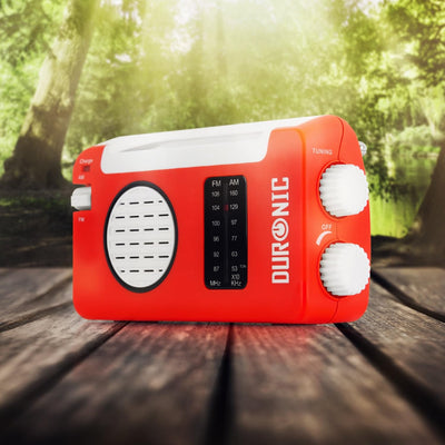 Duronic Hybrid Radio AM/FM - Aufladbar mit Solar, Kurbel und USB - 300mAh Akku - Bis zu 7h Musik mit