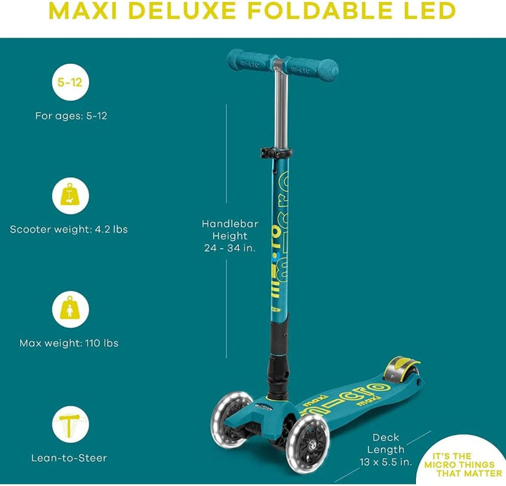 Micro Kickboard – Maxi-Deluxe, faltbarer LED-Scooter mit drei Rädern, Lean-to-Steer, zusammenklappba