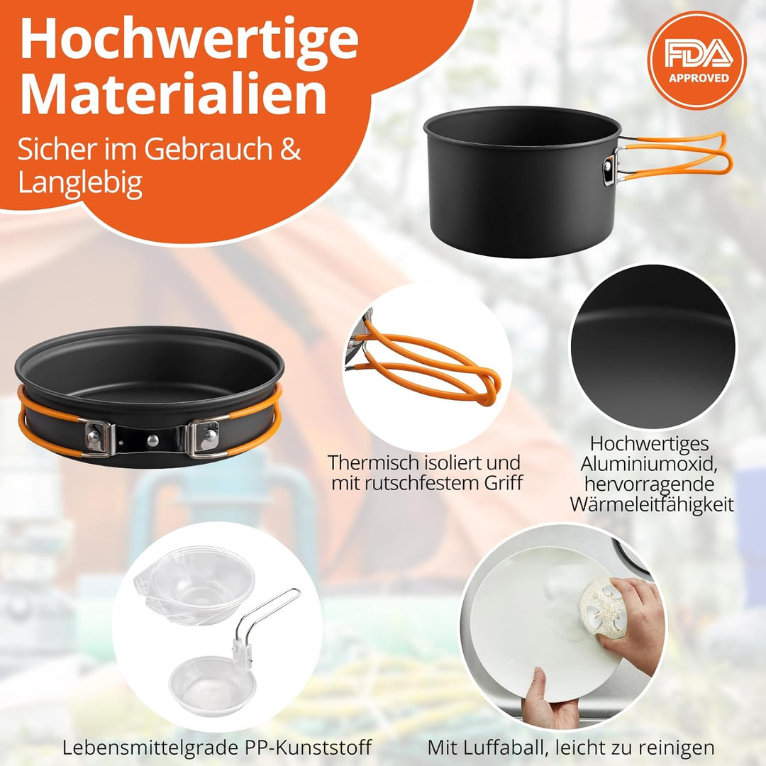 FUNYKICH Camping Kochgeschirr Set,11 Teilig Outdoor Geschirr Aluminium Campingkocher mit Topf Schale