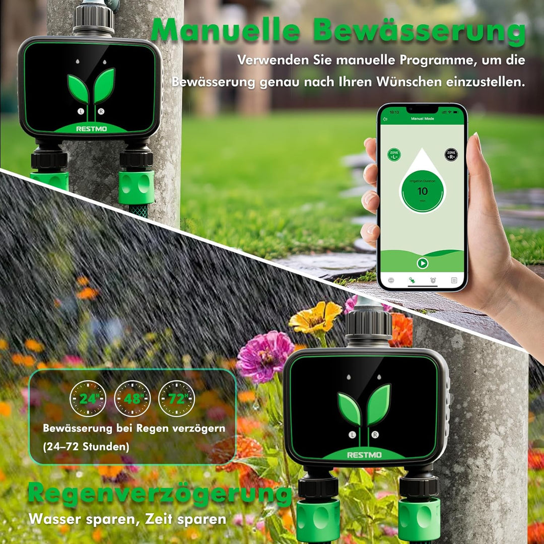 RESTMO WiFi-Bewässerungscomputer, programmierbare Wasserzeitschaltuhr für die Gartenbewässerung, 3 B