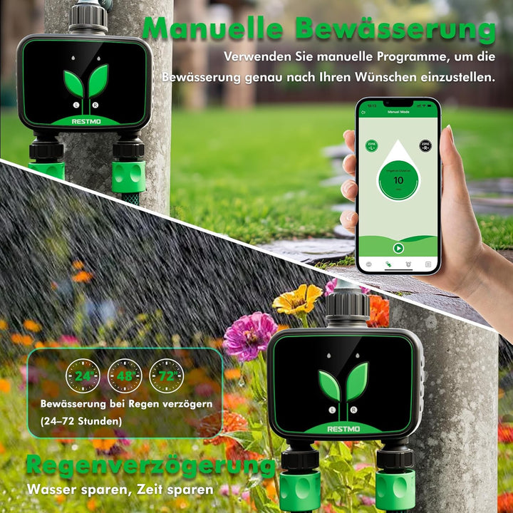 RESTMO WiFi-Bewässerungscomputer, programmierbare Wasserzeitschaltuhr für die Gartenbewässerung, 3 B