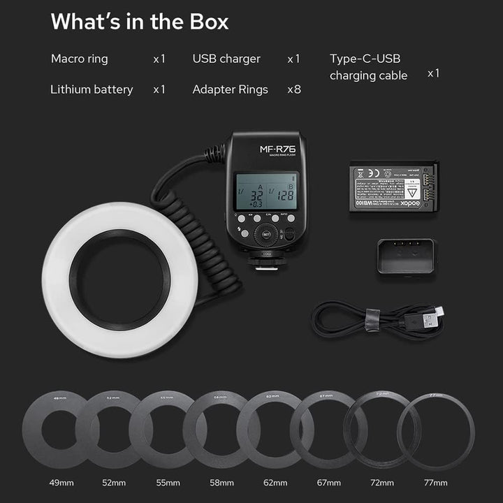 Godox MF-R76 Makro Ring Flash Dual-Flash Tubes 8 Adapterringe kompatibel für Canon Nikon Sony Olympu