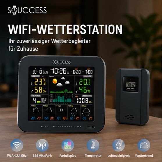 SOUCCESS Smarte Wetterstation Deluxe mit Aussensensor – WiFi Funkwetterstation mit Tuya Smart Life A