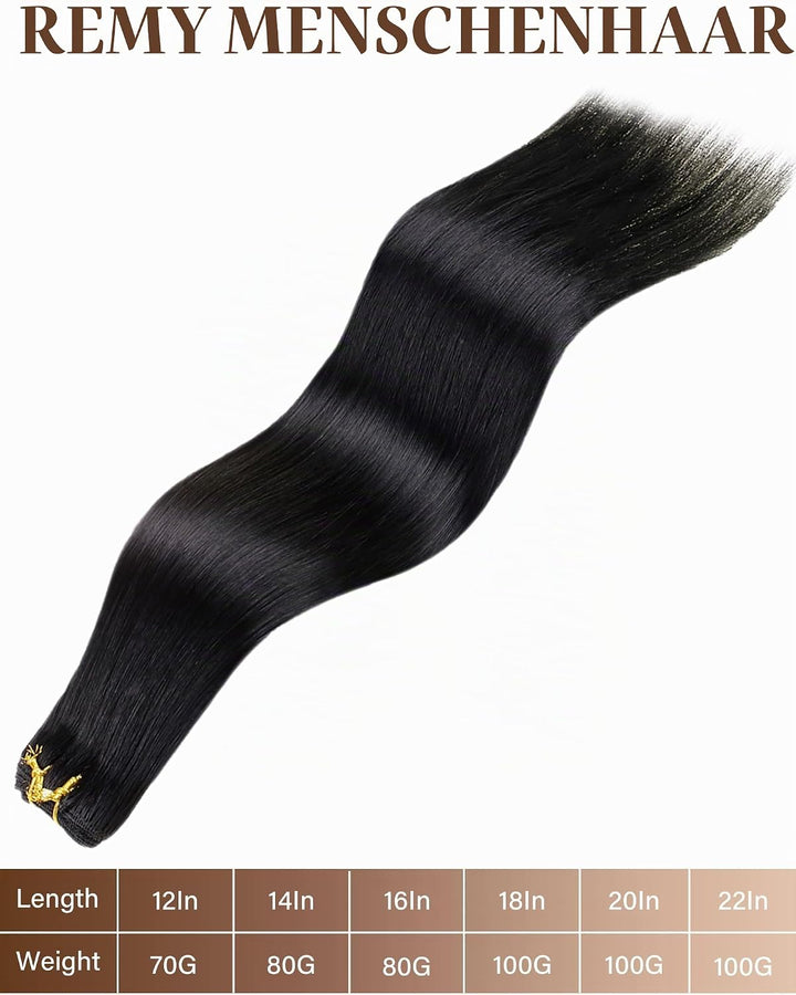 Hetto Extensions Tressen Echthaar Sew in Echthaar Tressen Extensions 40cm Schwarz Tressen Extensions