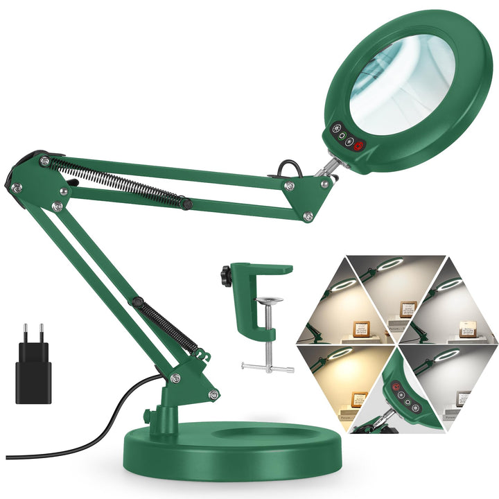 Veemagni 10X Lupe mit Licht, 5 Farbmodi Stufenlos Dimmbar 2-in-1 Schreibtischlampe und Klemme, LED B